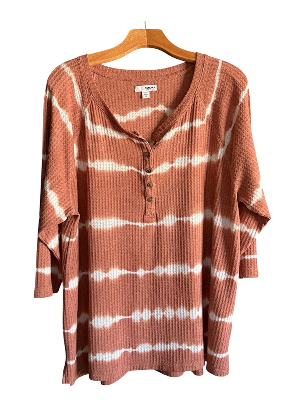 Sonoma Burnt Orange and White Tie-Dye Waffle Henley 3/4 Sleeves